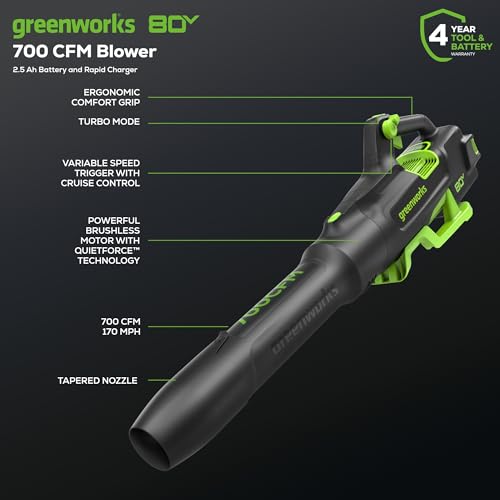 80V Electric Leaf Blower with 700 CFM & 2.5Ah Battery - Axial Blower Variation