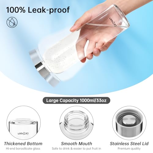 Glass Water Bottle 32oz Borosilicate with Sleeve Dark Gray - Reusable Leakproof