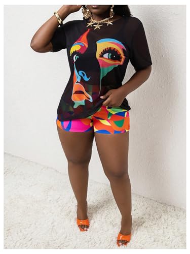 XX-Large Plus Size Women's Swimsuit Tankini Set with Shorts and Mesh Cover Up - Multicolor