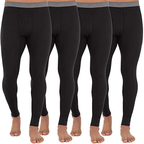 Men's Thermal Long Johns Bottoms Black 4 Pack Large - Waffle Knit