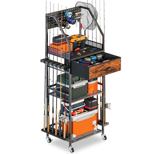 Single Row Fishing Rod Holder Organizer with Fabric Drawer & Pegboard - Modern Design