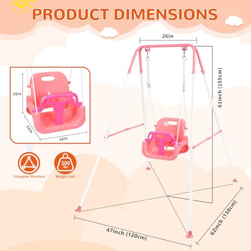 Pink 3-in-1 Toddler Swing Set for Indoor & Outdoor Use, Heavy Duty Baby Swing
