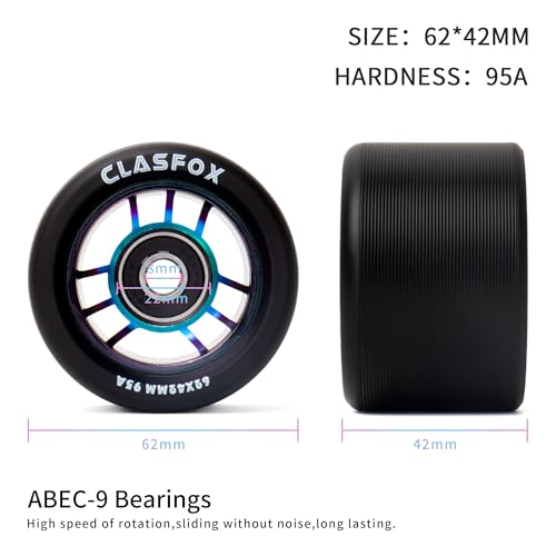 CLAS FOX Black PU Rainbow Core 95A Roller Skate Wheels Set of 8 for Indoor & Trail Use