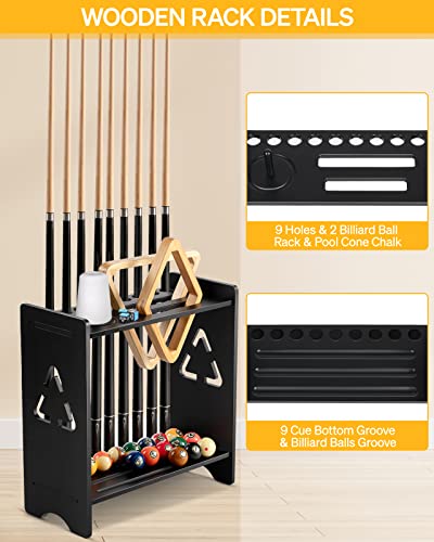 Pool Cue Stick Floor Stand Holder with Cone Chalk - Black, Wood