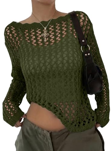 EVALESS Women's Long Sleeve Crochet Top - Hollow Out Knit Sweater Medium Green