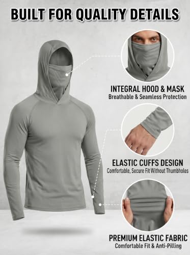 Men's Sun Protection Fishing Hoodie with Face Mask UPF 50+ Long Sleeve Quick Dry - Large Black White Gray Pack of 3