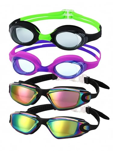 Kids Swim Goggles UV Protection Anti-Fog No Leaking 4 Pack - Black, Purple, Electroplated Variations