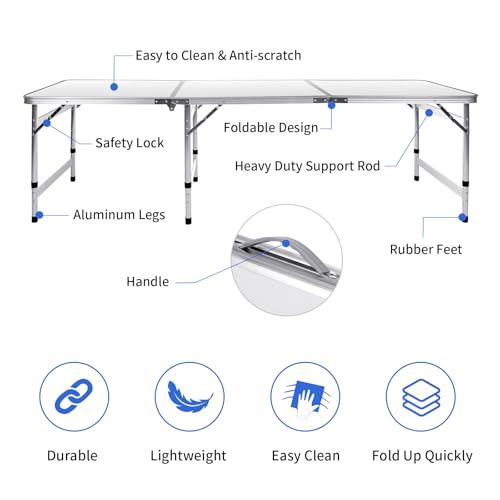 Moosinily 6FT Folding Camping Table White - Adjustable Height Outdoor Picnic & BBQ