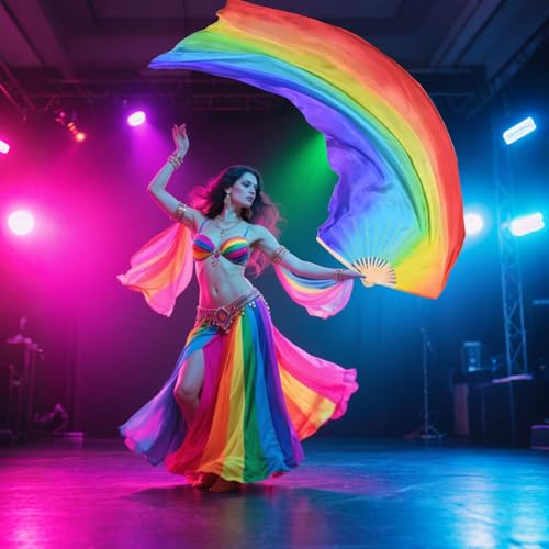 Women Belly Dance Fan for Beginners - Vertical Rainbow Faux Silk Fan 180x90cm Right Hand Only Flowing Veil for Practice & Performance