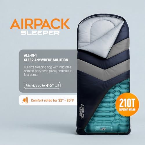 Kids Inflatable Sleeping Bag with Built-In Pad & Foot Pump - Blue