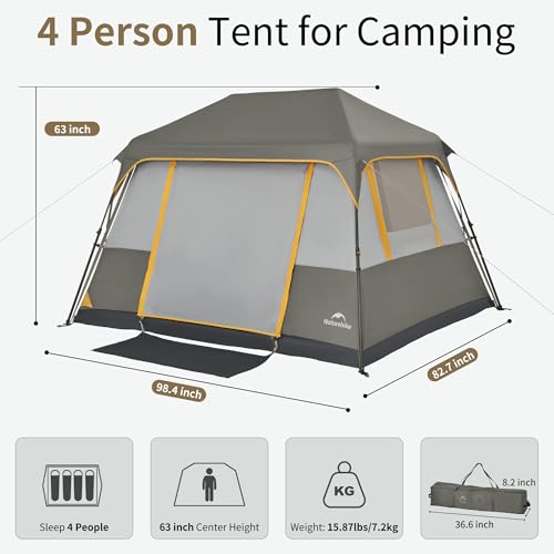 Naturehike Grey 4-Person Instant Pop-Up Camping Tent - Waterproof & Easy Setup