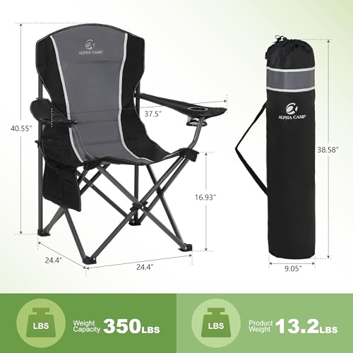 LET'S CAMP Heavy Duty Oversized Folding Camping Chair 2-Pack Black & Grey