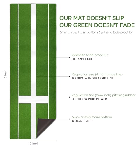 Green Softball Pitching Mat with Rubber Pitching Mound for Pitchers Practice - Regulation Size 10x3 ft