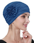 Chemo Hair Loss Cap for Women - Flower Design, Blue, One Size Headwear