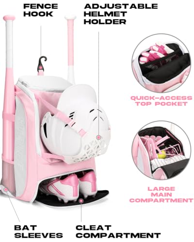 Youth Baseball & Softball Bag Backpack with Helmet Holder - Pink