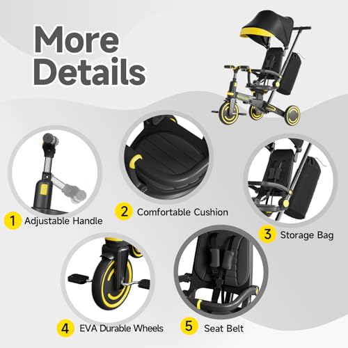Kids Tricycle 9-in-1 Foldable with Push Handle & Canopy - Black