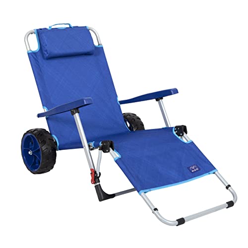 Blue Foldable Beach Lounge Chair with Wagon & All-Terrain Wheels - 2-in-1 Portable Seat & Cargo Cart