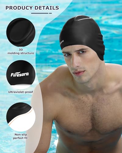 Firesara Black Swim Cap with Ear Protection and Nose Clip - Ergonomic Silicone Design for Women Kids Men