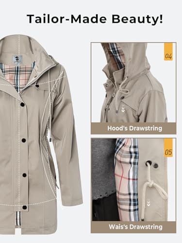 SaphiRose Women's Khaki Long Hooded Waterproof Rain Jacket, Windbreaker, Large