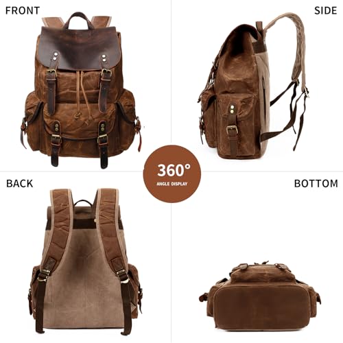 HuaChen Vintage Waxed Canvas Backpack XL Brown with Leather Flap - Water-Resistant Travel & Work Rucksack