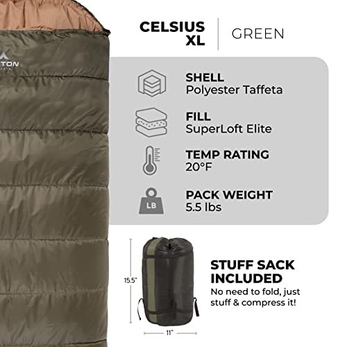 TETON Sports Celsius XL Sleeping Bag Green 20°F - All Weather Adult & Kids Camping