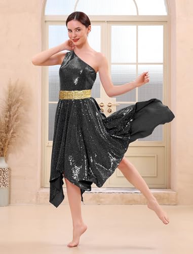 XX-Large Black Shiny Sequin One-Shoulder Dance Overlay Dress for Worship