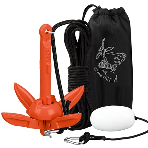 Orange Folding Grapnel Anchor Kit for Kayaks - 1.5 lb with 40ft Rope and Accessories