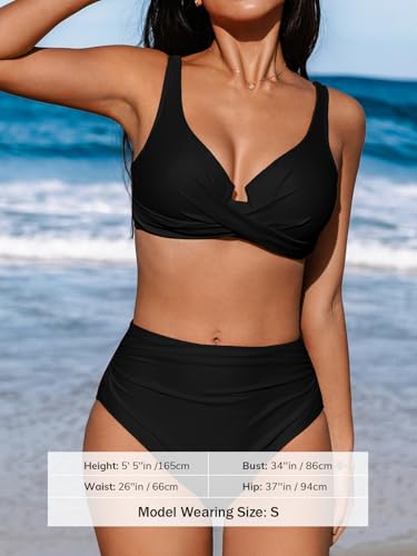 CUPSHE Women's High Waist Bikini Set with Underwire - Black, Large