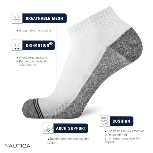 Nautica Mens Quarter Socks - Cushioned Moisture-Wicking Athletic Socks 6 Pairs - Black, Size 12.5