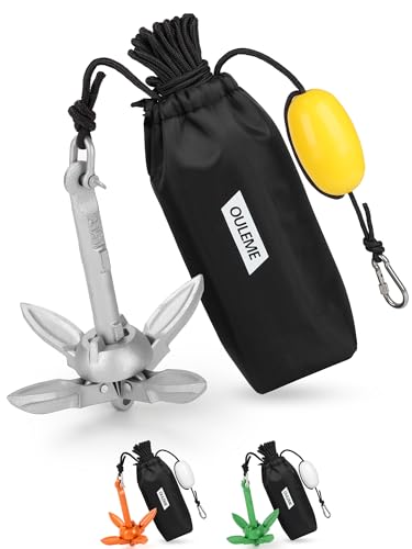 Silver 1.5 lb Folding Grapnel Anchor Kit with 40 ft Rope & Buoy for Kayaks and Small Watercraft