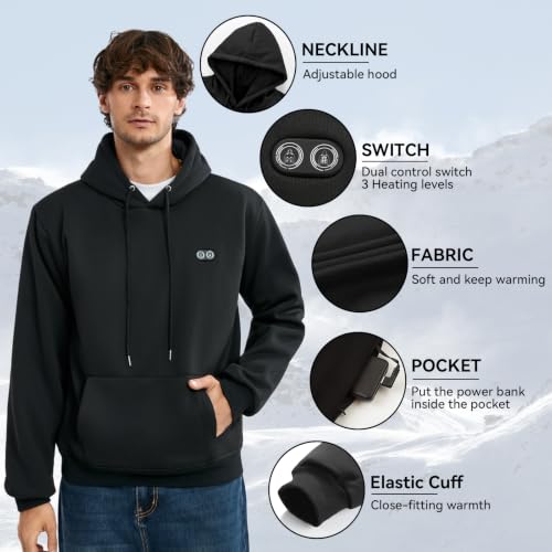 Men's Large Black Heated Hoodie with Battery & 13 Heating Zones - Lightweight Electric Sweatshirt