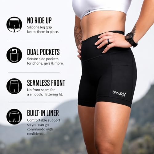 ShocSox Women's 5" Running Compression Shorts - Medium Black No-Ride-Up, High-Waist with Pockets & Leg Grippers