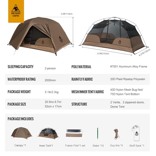 OneTigris COSMITTO 2-Person Lightweight Waterproof Camping Tent - Coyote Brown