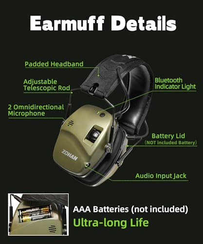 Green Bluetooth Shooting Ear Protection Earmuffs with Noise Cancellation & Sound Amplification