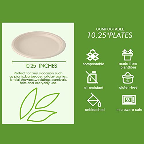 Vplus 500 Pack Compostable 10.25 Inch Sugarcane Fiber Plates - Nature | Bulk Eco-Friendly Dinnerware