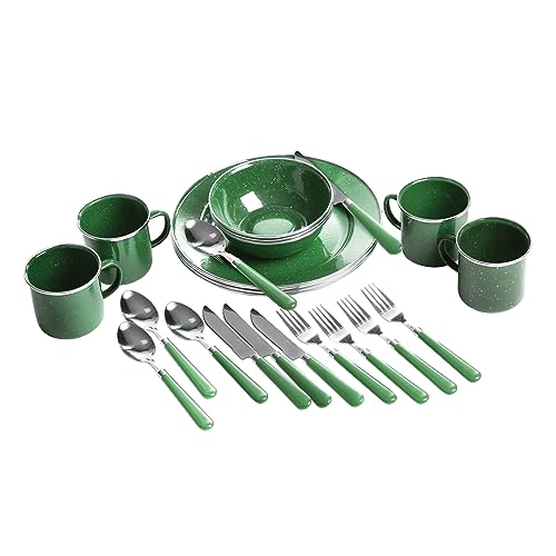 Green Stansport 24-Piece Enamel Camping Dinnerware Set for 4 - Lightweight & Durable