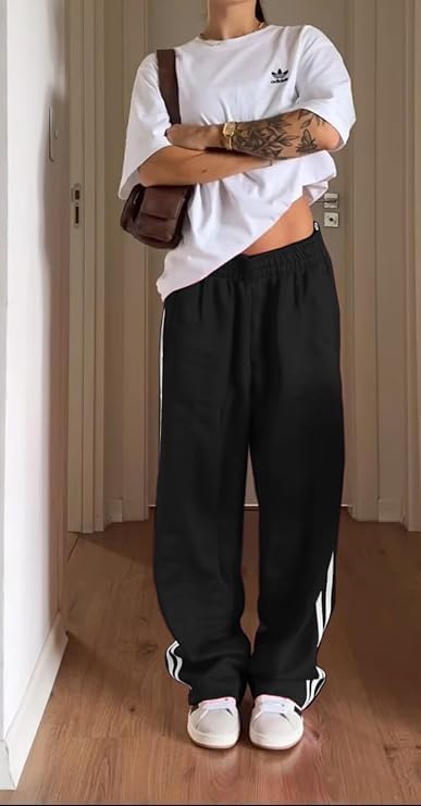 Skiennix Women's Wide Leg Track Pants - Striped Sweatpants with Elastic High Waist & Pockets