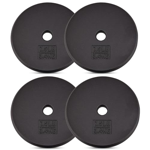 Yes4All 4 x 7.5LB Black Cast Iron Weight Plates for 1-Inch Barbells - Set of 4