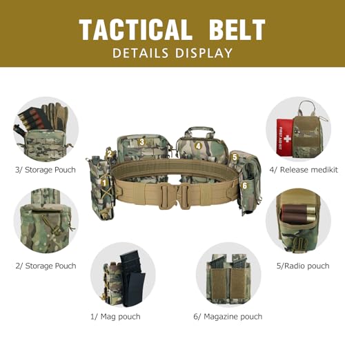 YAKEDA Tactical Battle Belt 8-in-1 Molle Hunting Belt with Pouches - Camou