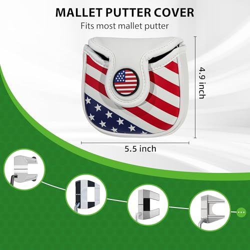 Golf Club Head Covers - Mallet Putter Cover with Magnetic Closure and USA Flag Design