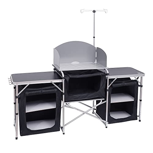Folding Camping Kitchen Table with Light Stand & Windshield - Silver