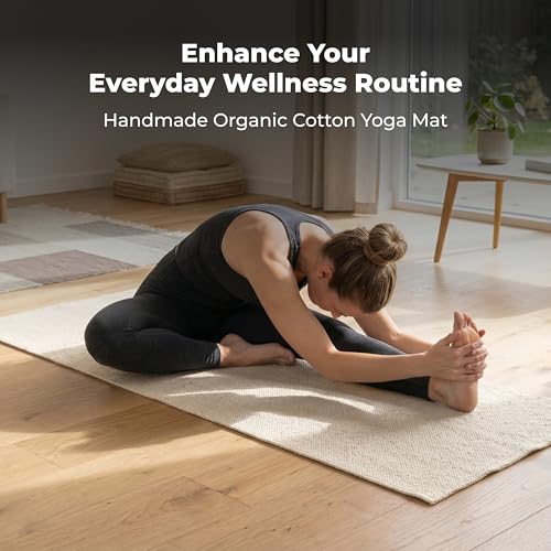 Organic Cotton Yoga Mat - Handwoven Non-Toxic Exercise Rug, 78 x 27 inches - Natural Cotton Variation