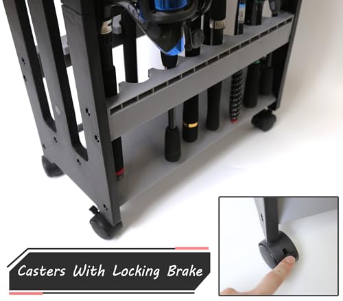 Gray Fishing Rod Holder on Wheels - Fits Up to 16 Rods & Gear Storage