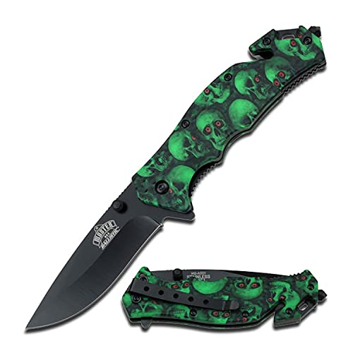 Master USA Spring Assist Folding Knife - Green Skull Camo Handle, Rescue Utility