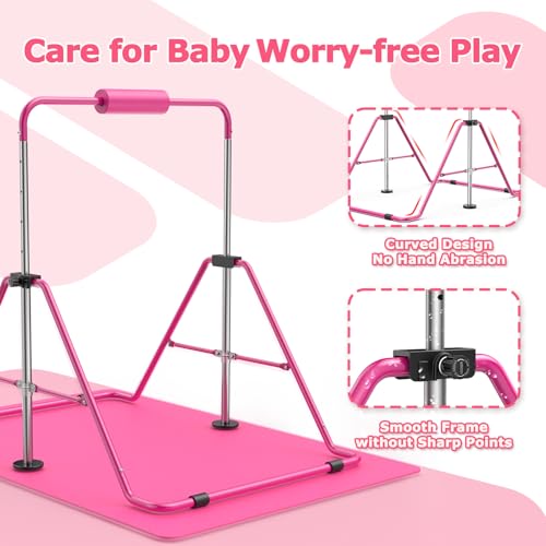 Sportsroyals Pink Adjustable Gymnastics Bar for Kids with Mat - Home Training