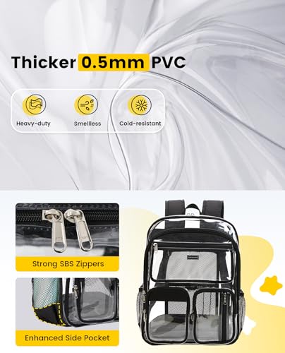 Large Transparent Backpack for Girls & Boys - Clear Bookbag with 10 Pockets, Black