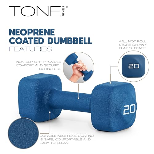 Purple 20 lb Neoprene Dumbbell Pairs with Anti-Roll Square Head - Tone Fitness