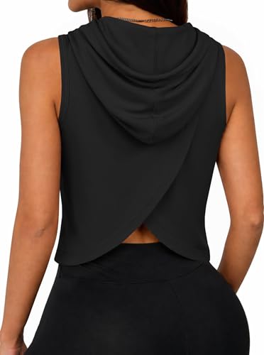 Remidoo Women's Open Back Sleeveless Hoodie Cropped Workout Tank Top