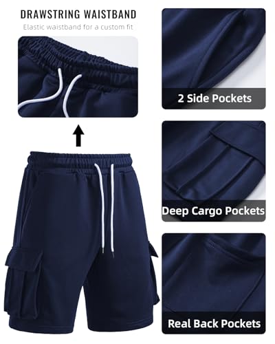 Men's Cargo Sweat Shorts - Athletic Baggy Shorts with 5 Pockets - Medium Navy Blue