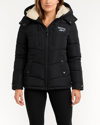 Reebok Women's Puffer Jacket with Faux Fur Hood - Midweight, Large Black